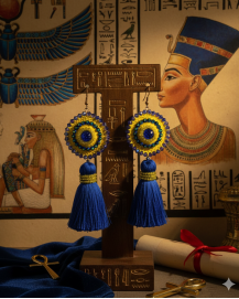 Háčkované  dizajnové náušnice "Modrá Nefertiti"